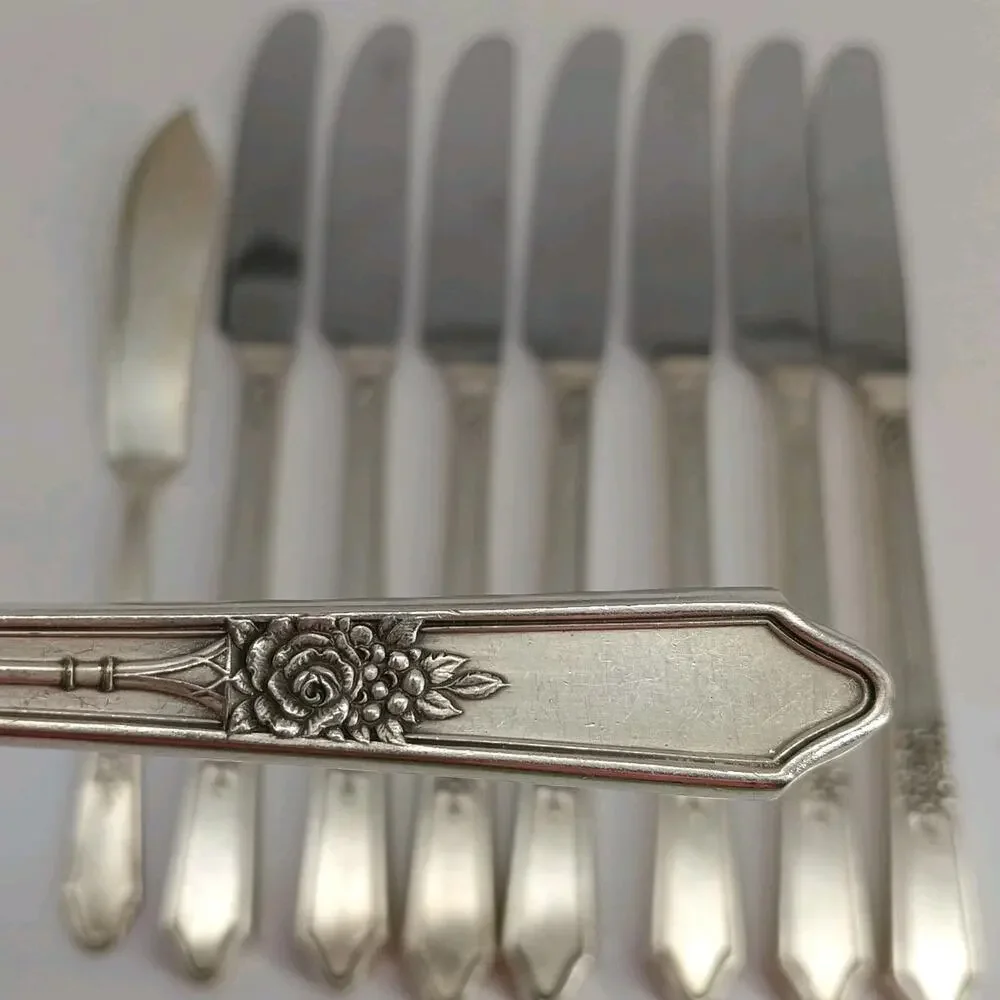 8+1X BK Vtg Manor Plate Triple Rose Rosedale Butter Knives Silverplate